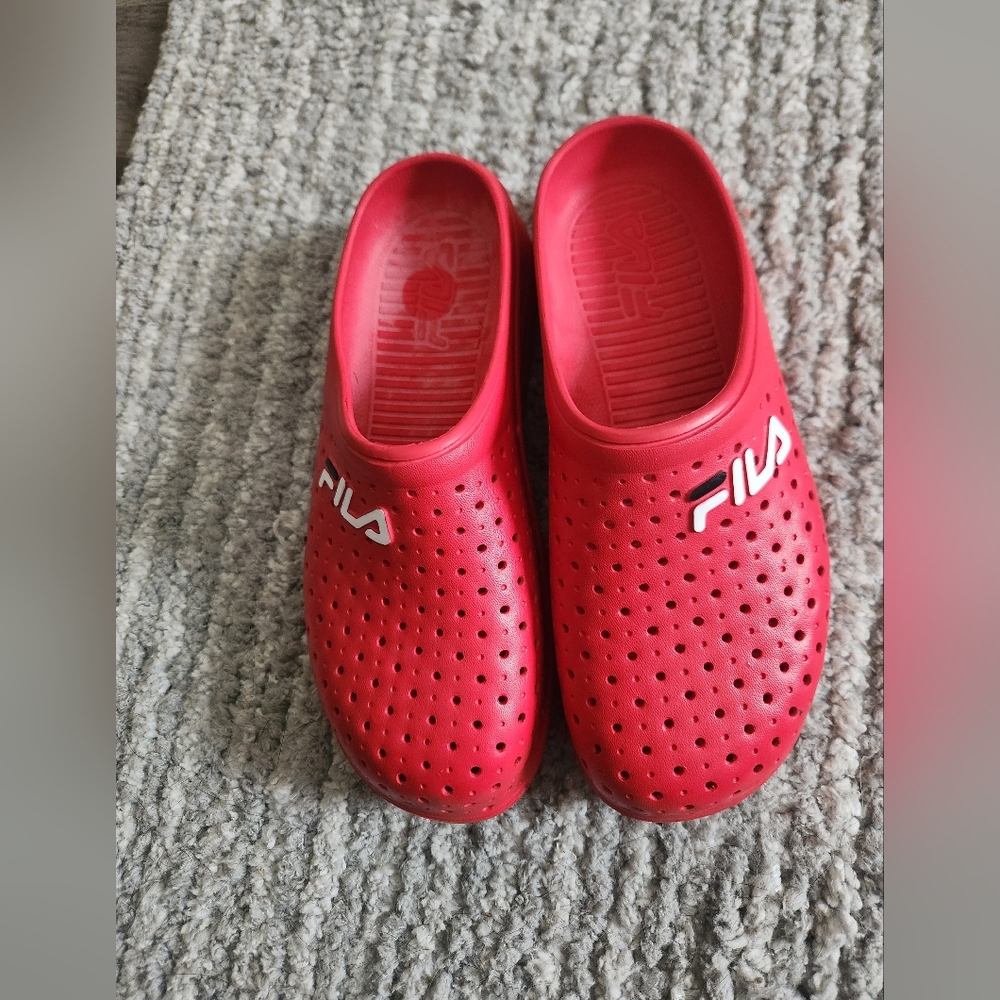 Fila red slides/crocs